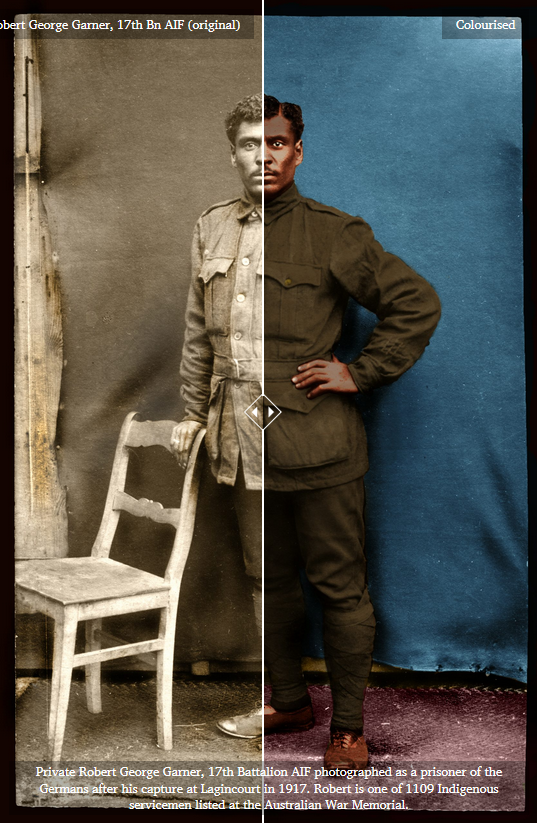Digital restoration and colourisation of an image of First Nations' Australian soldier Private Robert George Garner. This was manual restoration, prior to the emergence of Artificial intelligence (AI) platforms and restorative tools. 