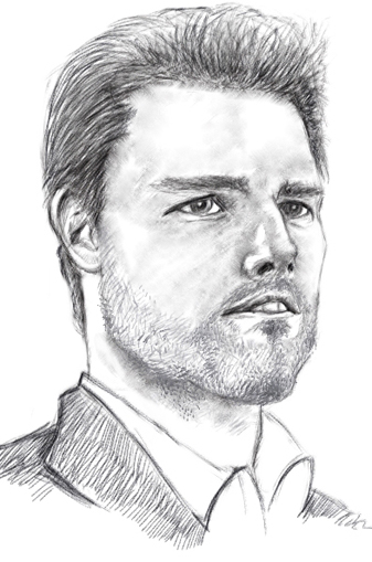 Digital pencil illustration of Tom Cruise as the sociopath Vincent in the movie Collateral. 